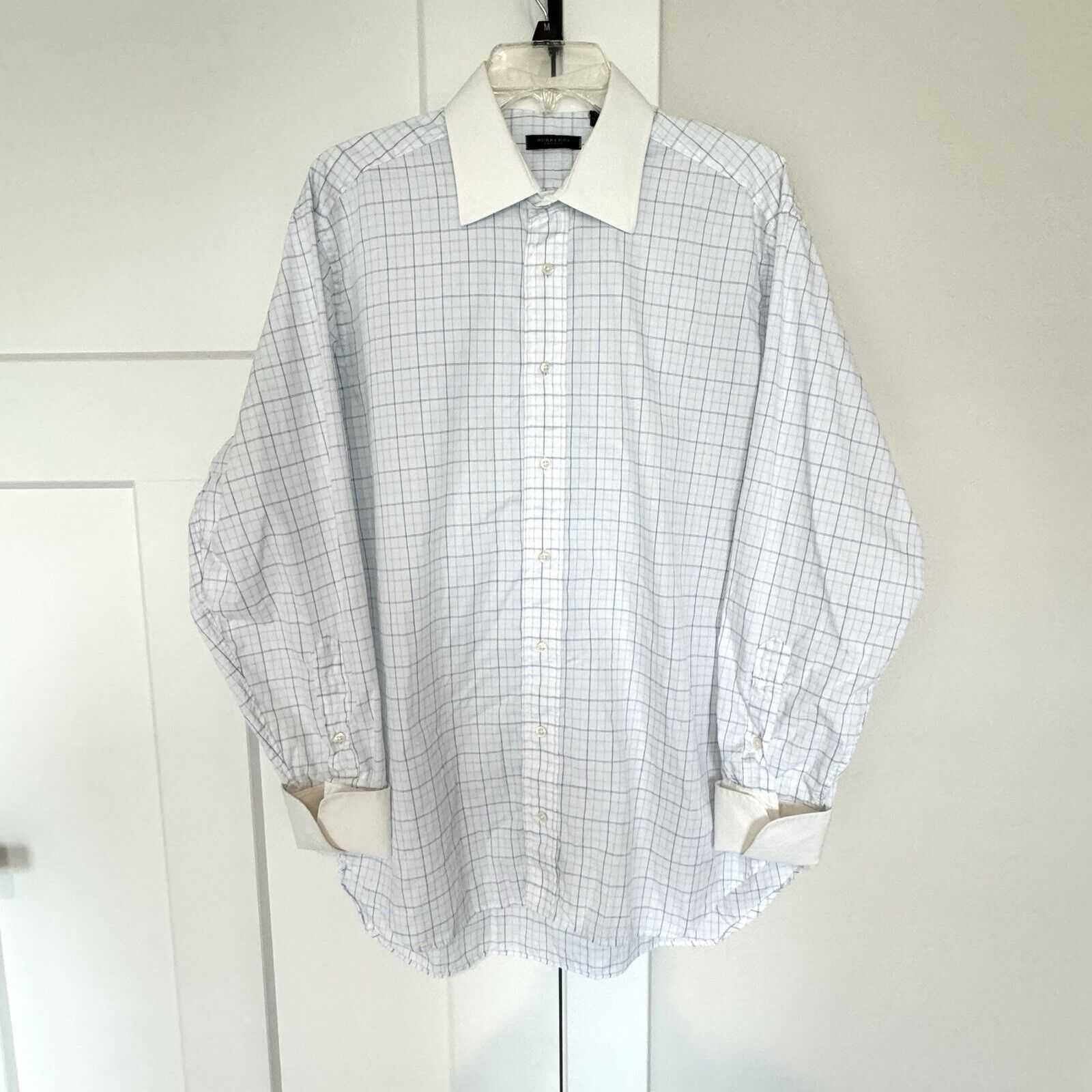 Burberry London White Blue Plaid Button Up Long Sleeve French Cuff Shirt 16 33